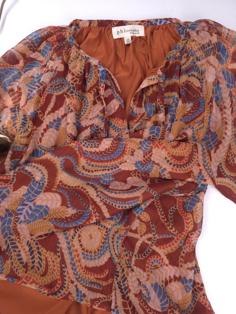 Philosophy Printed Sheer Blouse in Rust, Blue & Pink Sz Sz L - Picture 9 of 10